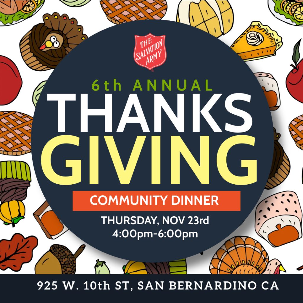 Volunteers serve Thanksgiving meals. The annual Thanksgiving meal brings in hundreds of families and individuals who do not have the means to provide themselves with a Thanksgiving dinner. The San Bernardino event serves about 200 people each year.