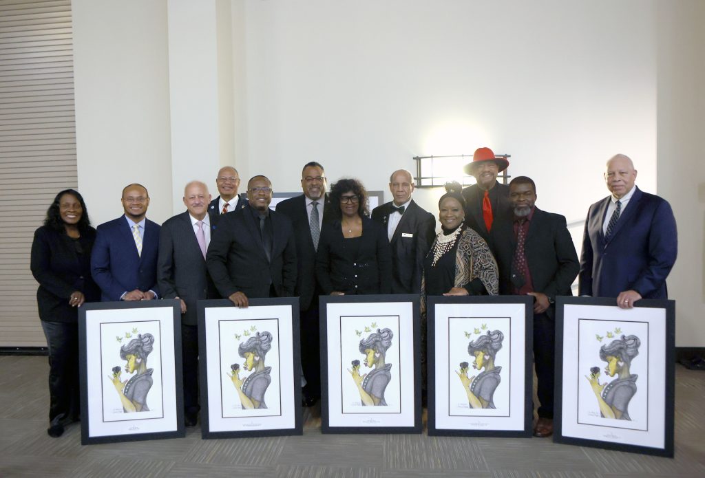 Photo caption: Black Rose Award winners. Left to right first row; Fontana Mayor Acquanetta Warren, Sam’s Club Assistant Manager Michael Beauregard, California State University San Bernardino President Tomás Morales, San Bernardino City Unified School District Assistant Superintendent of Human Resources Dr. Marcus Funchess, American Career College Director of Education Tina Darling, City of Moreno Valley Park Commissioner James C. Baker II, Black Rose Awards Entertainment Chairperson Rev. Bronica Martindale, Black Culture Foundation Past President Ezekiel Adeleke, and Atkinson, Andelson, Loya, Ruud & Romo Partner Jack B. Clarke Jr. Back Row: Black Culture Foundation President Carl Dameron, GPL-Grandparents Love Founder Aristotle McDaniel, and Black Rose Awards Founder and Black Culture Foundation Secretary Jim King. 